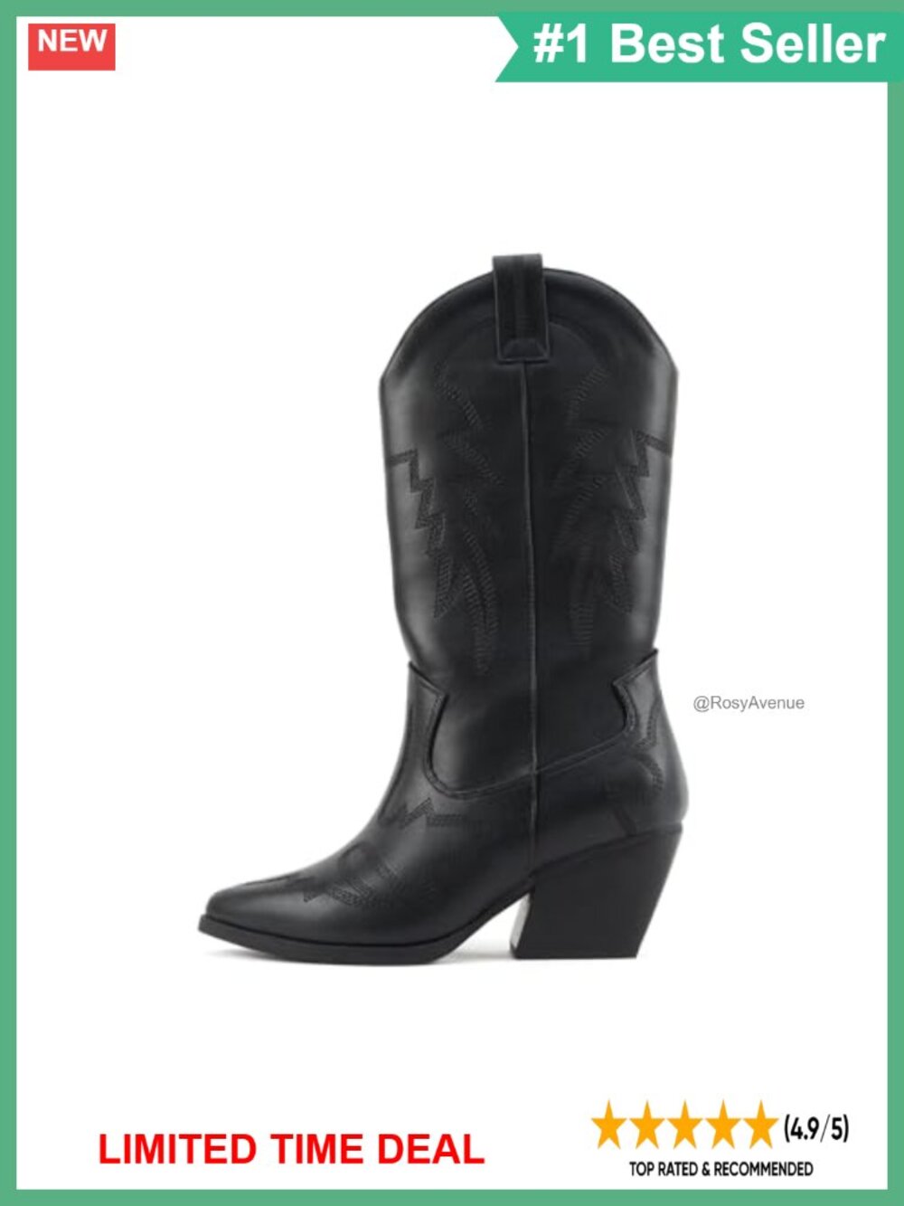 Pointed Toe Knee-High Western Boots Low Block Heel Vegan Leather